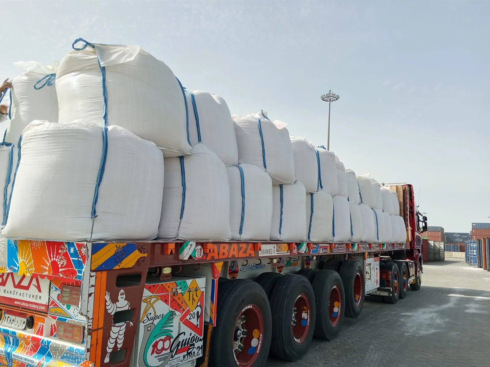 Mineral bulk bags prepared for truck transport